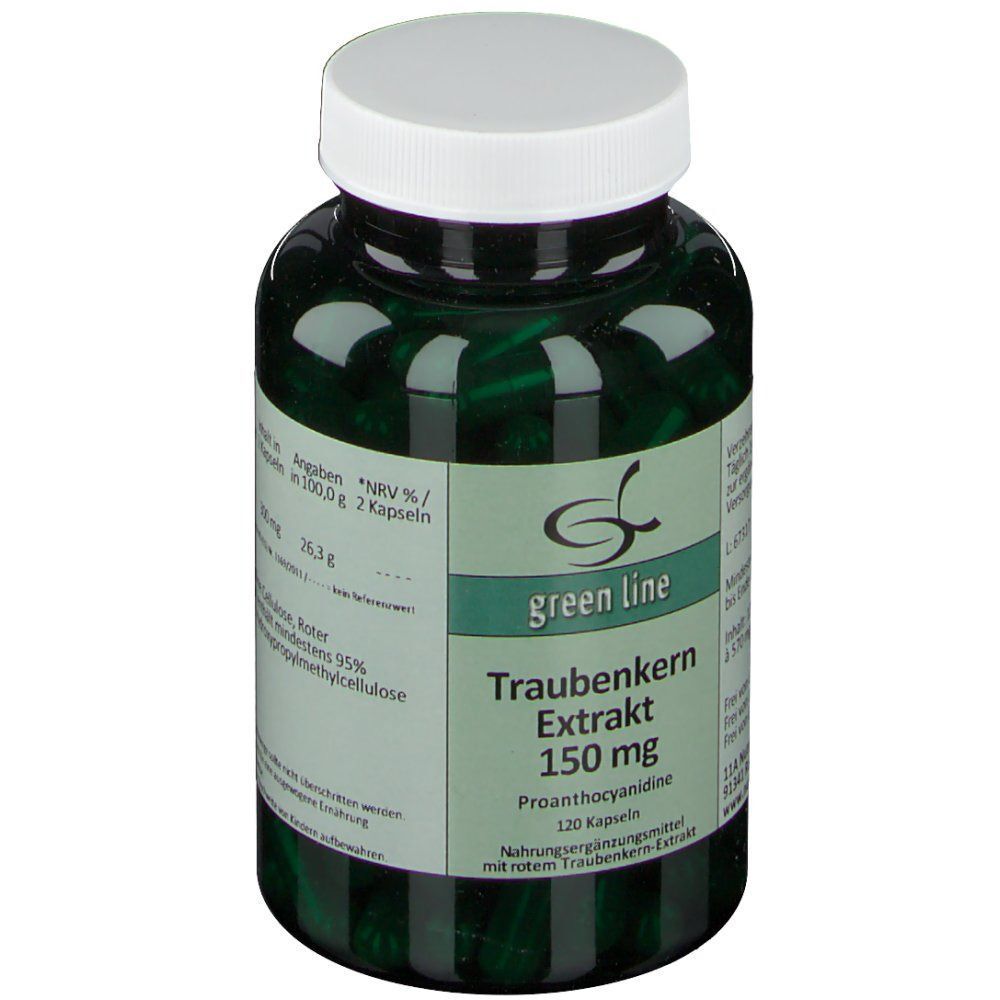 Grüne Flasche mit Traubenkernextrakt-Kapseln, 150 mg, 120 Stück. Vorderseite mit Etikett.