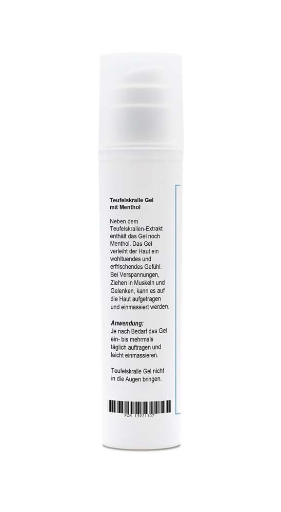 Rückseite einer Flasche Teufelskralle Gel mit Anwendungshinweisen und Barcode.