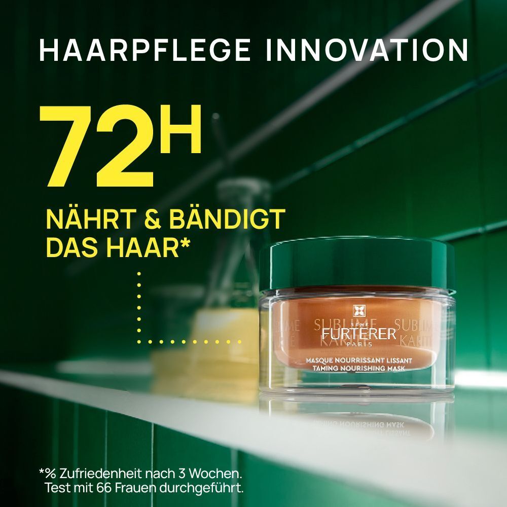 Ein Glas der Sublime Karité Haarpflege-Maske neben einem Text, der 72h Nährung und Bändigung verspricht.
