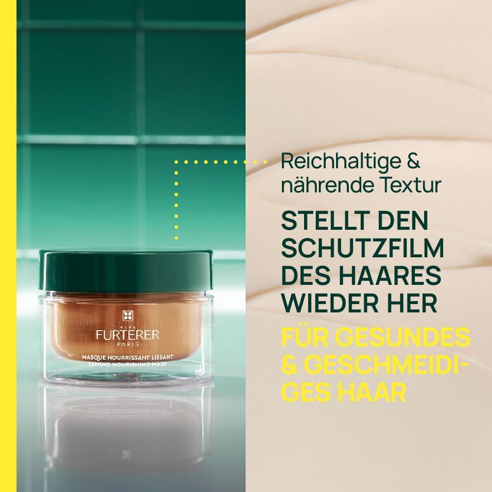 Ein Glas der Sublime Karité Haarpflege-Maske mit Text, der die Wiederherstellung des Schutzfilms und gesundes Haar betont.