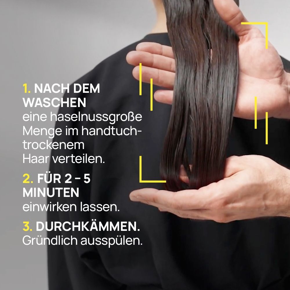 Anleitung zur Anwendung der Sublime Karité Haarpflege-Maske auf feuchtem Haar.