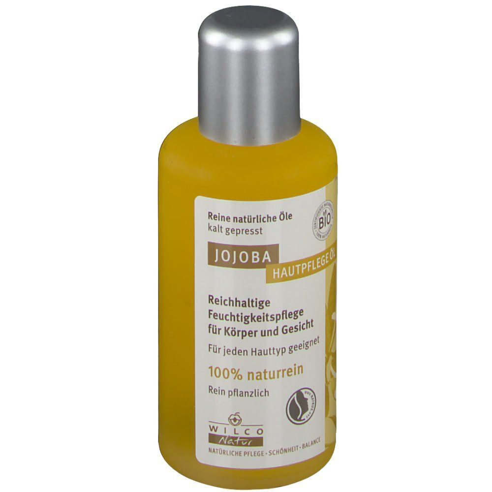 Eine Flasche Wilco Natur Jojoba BIO Hautpflege Öl, leicht schräg von vorne.