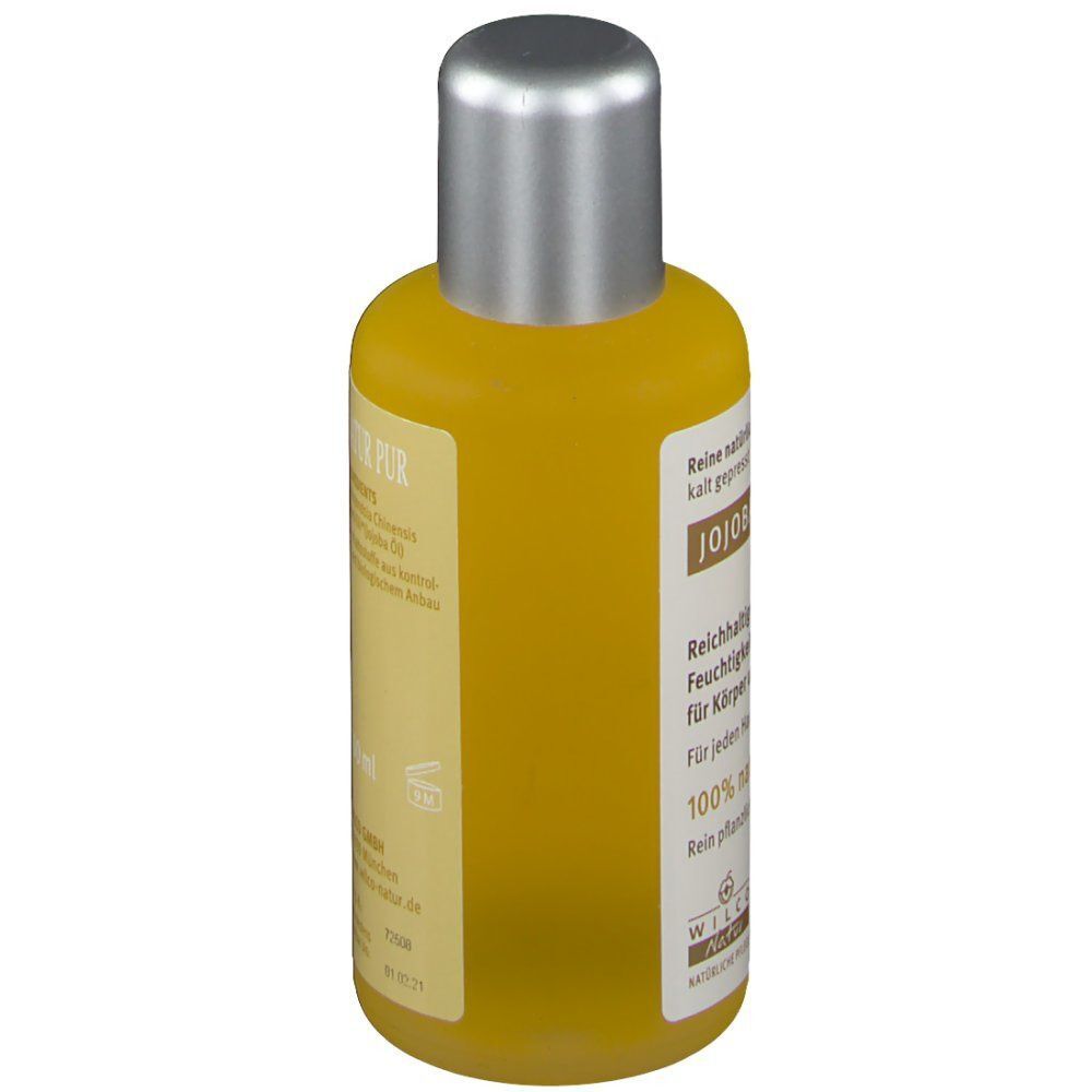 Seitenansicht einer Flasche Wilco Natur Jojoba BIO Hautpflege Öl.