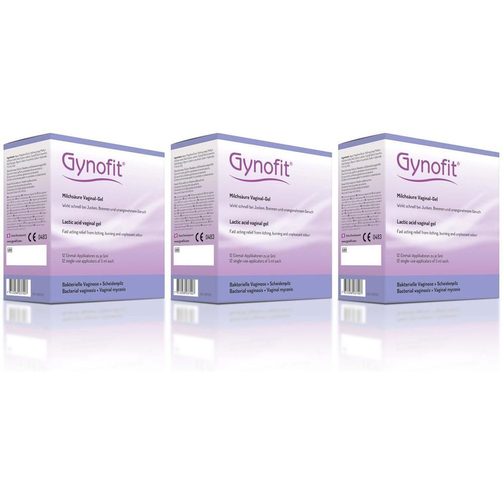 Drei Packungen Gynofit Milchsäure Vaginalgel nebeneinander.
