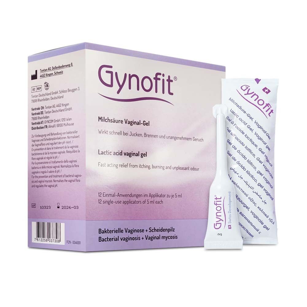 Gynofit Milchsäure Vaginal-Gel Packung mit einem Einzelapplikator und einer Tube.