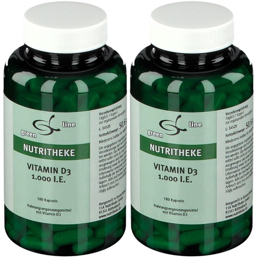 Zwei Flaschen Vitamin D3 1.000 I.E. Kapseln.