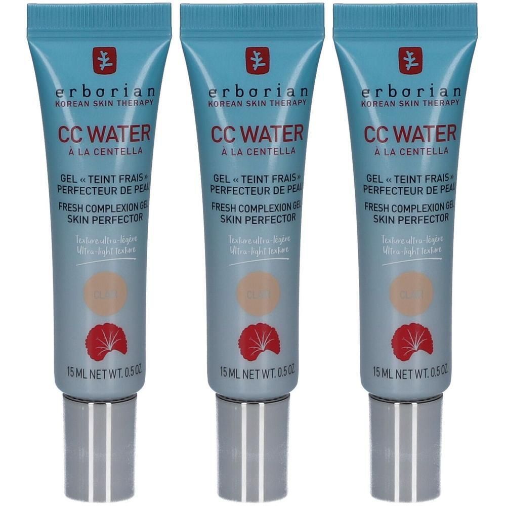 Drei Tuben Erborian CC Water Clair, 15 ml. Hellbraune Textur.