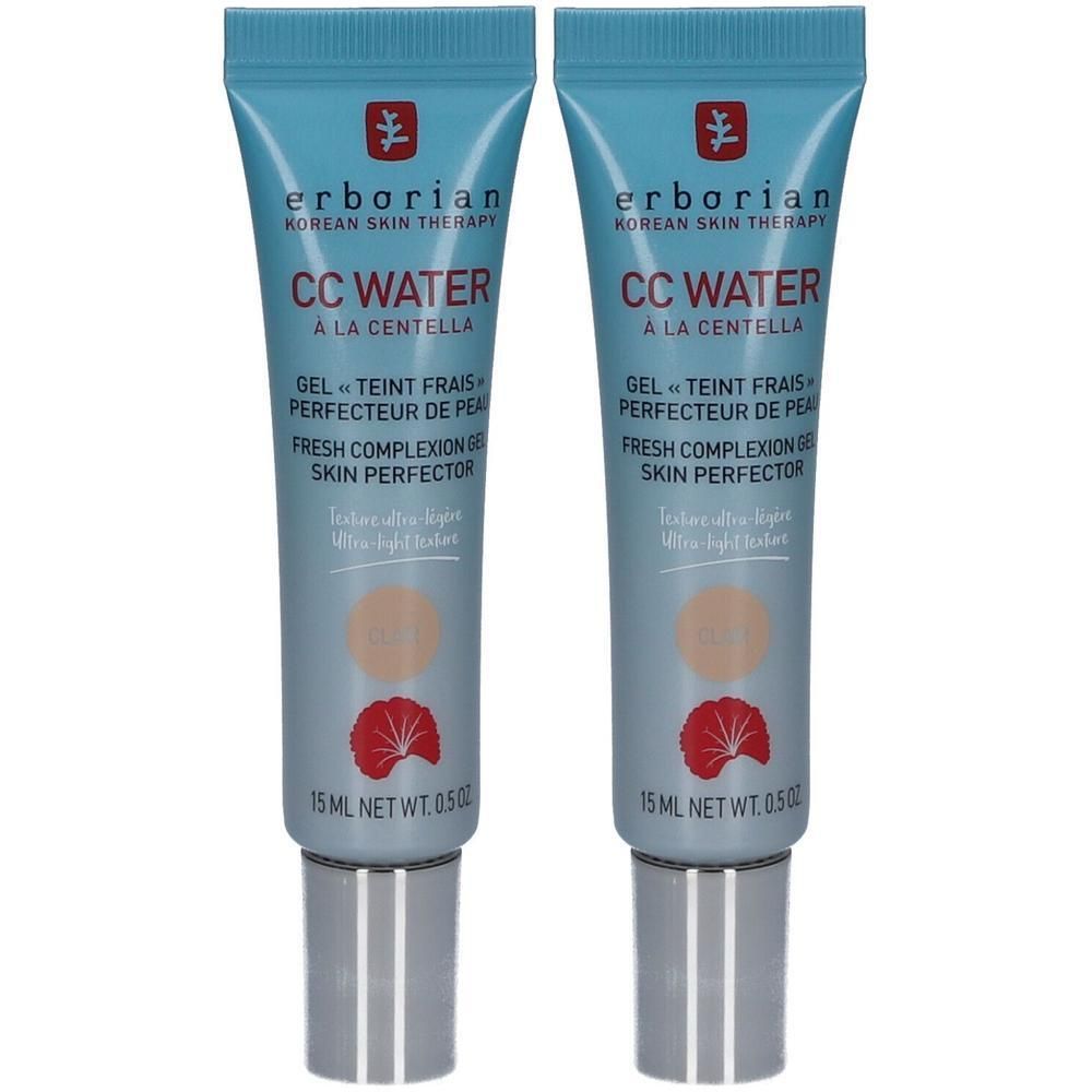 Zwei Tuben Erborian CC Water Clair, 15 ml. Leichte Textur, helles Finish.