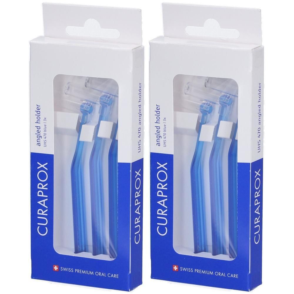 Zwei Packungen Curaprox UHS 470 Interdentalbürstenhalter, blau. Winkelhalter mit Schutzkappen.