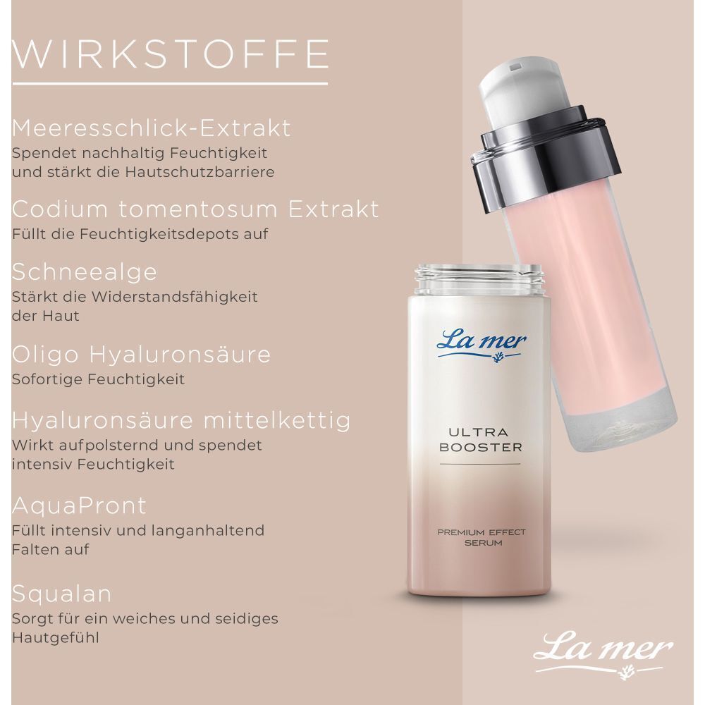 La mer ULTRA BOOSTER PREMIUM EFFECT SERUM Flakon. Wirkstoffe: Meeresschlick-Extrakt, Codium tomentosum Extrakt.