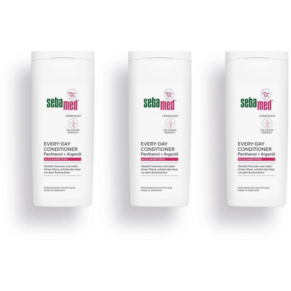 Drei sebamed® Every-Day Conditioner Flaschen mit Panthenol und Arganöl.