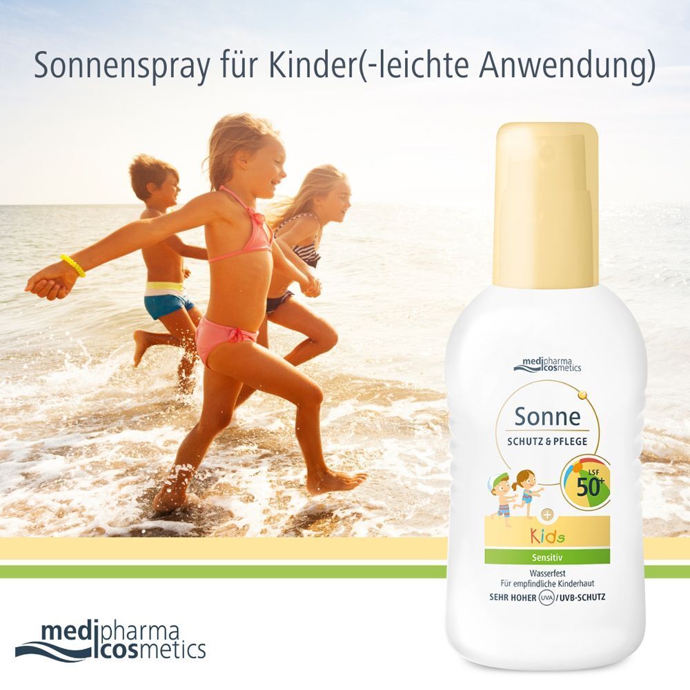 Sonnencreme medipharma cosmetics Sonne Schutz & Pflege KIDS LSF 50+ neben Kindern am Strand.