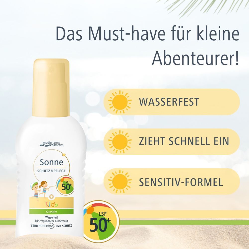Medipharma cosmetics Sonne Schutz & Pflege KIDS LSF 50+ Flasche. Wasserfest, zieht schnell ein, sensitiv-Formel.