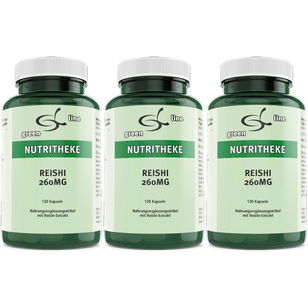 Drei grüne Behälter mit "green line NUTRITHEKE REISHI 260MG" Aufschrift, jeweils 120 Kapseln.