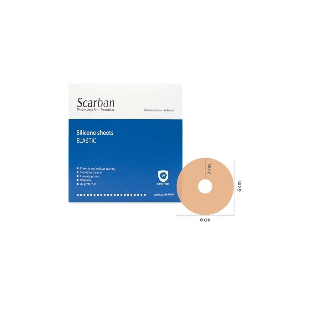 Eine Packung Scarban Elastic und ein runder, hautfarbener Silikonverband (6x6 cm).