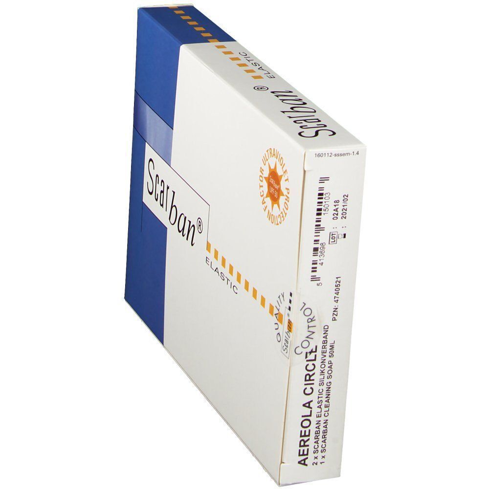 Verpackung Scarban Elastic Silikonverband Aereola Circle, schräg von vorne.