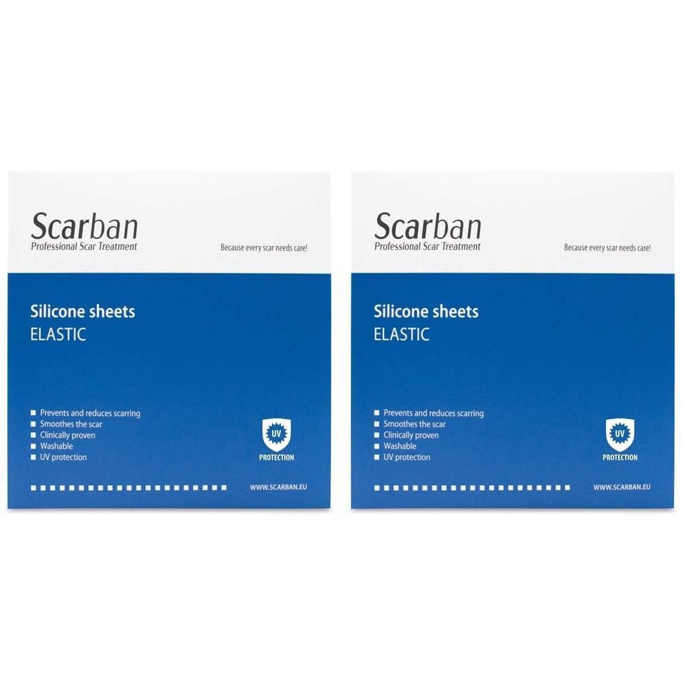 Zwei Packungen Scarban® Elastic Silikonverband. Weiße Verpackung mit blauen Akzenten.