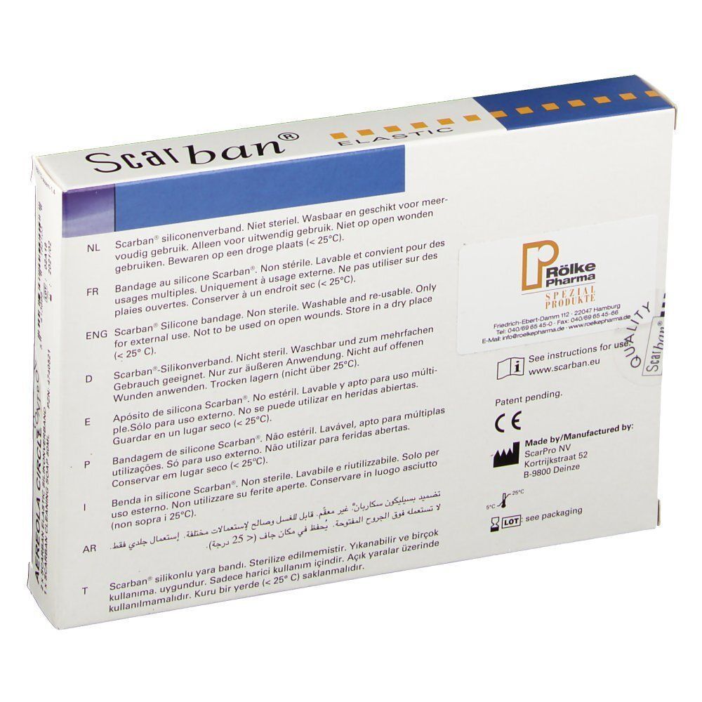 Rückseite der Scarban® Elastic Silikonverband Verpackung mit mehrsprachigen Anwendungshinweisen und CE-Kennzeichnung.