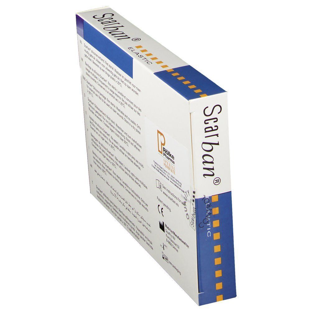 Schrägansicht der Scarban® Elastic Silikonverband Verpackung. Karton mit Produktinformationen und Logo.