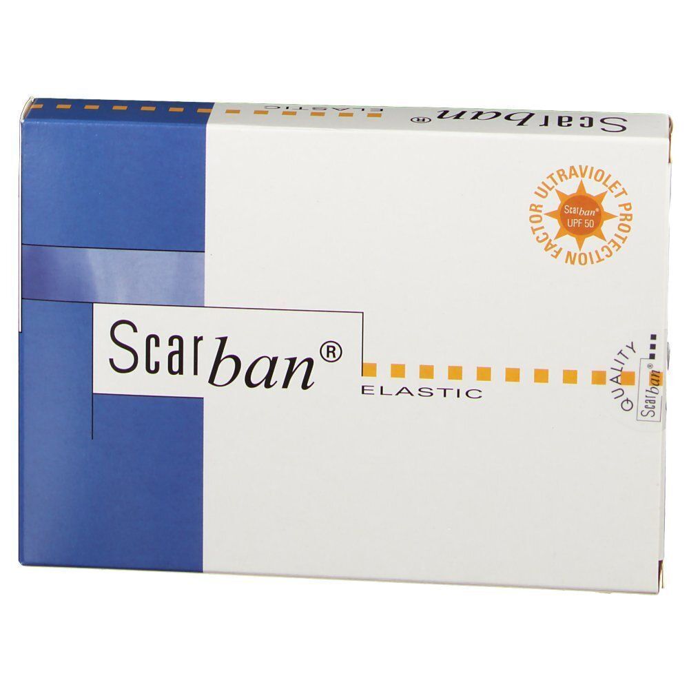 Vorderseite der Scarban® Elastic Silikonverband Verpackung mit UV-Schutz-Symbol und Qualitätsmerkmalen.