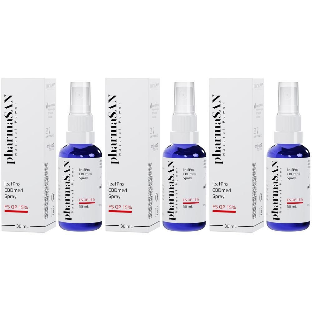 Drei Pharma S.V. leafPro CBDmed Spray Flaschen mit je 30 ml Inhalt und Umverpackung.