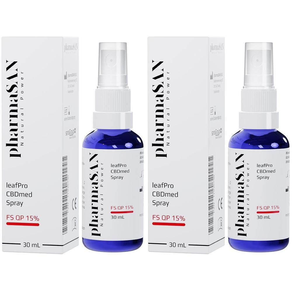 Zwei Packungen leafPro CBDmed Spray 15% mit je 30 ml. Blaue Glasflaschen mit weißem Sprühkopf und Kartonverpackung.