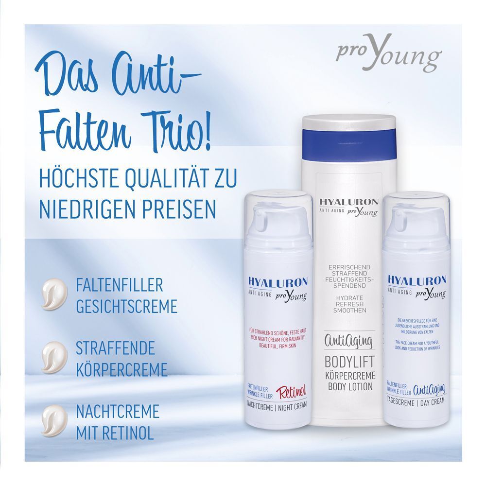 HYALURON proYoung Anti-Falten Trio: Bodylotion, Nachtcreme, Tagescreme.