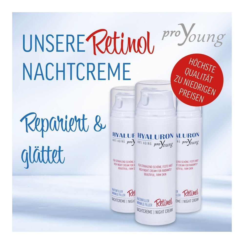 Drei Pumpspender HYALURON proYoung Retinol Nachtcreme, umgeben von Text.