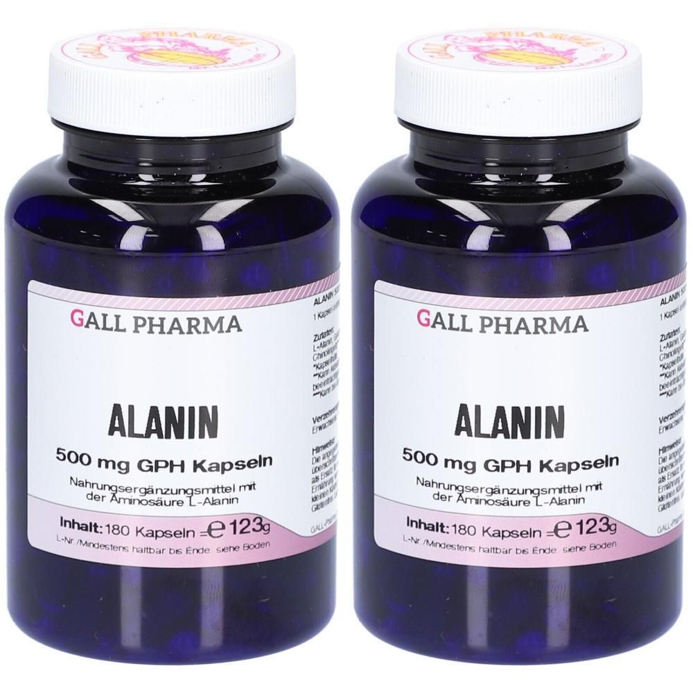 Zwei Flaschen Gall Pharma Alanin 500 mg GPH Kapseln, Nahrungsergänzungsmittel mit L-Alanin.