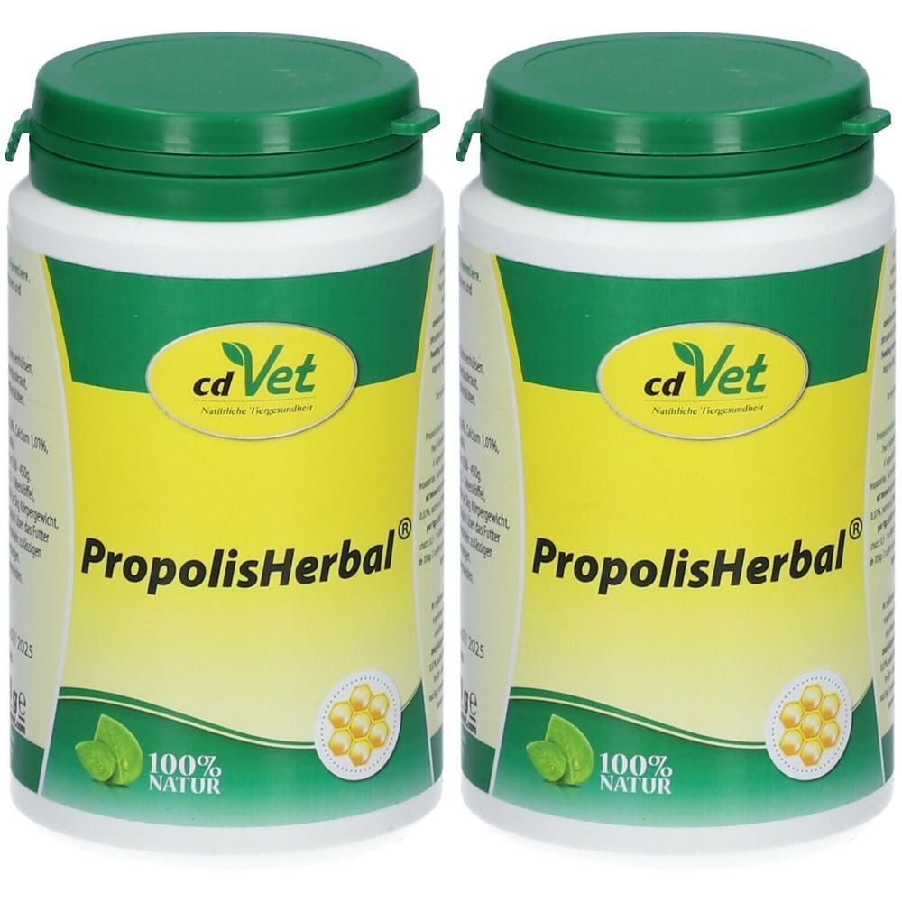 Zwei Behälter cd Vet PropolisHerbal® mit grünen Deckeln. Gelbe Etiketten mit "100% Natur" und Bienenwaben-Symbol.