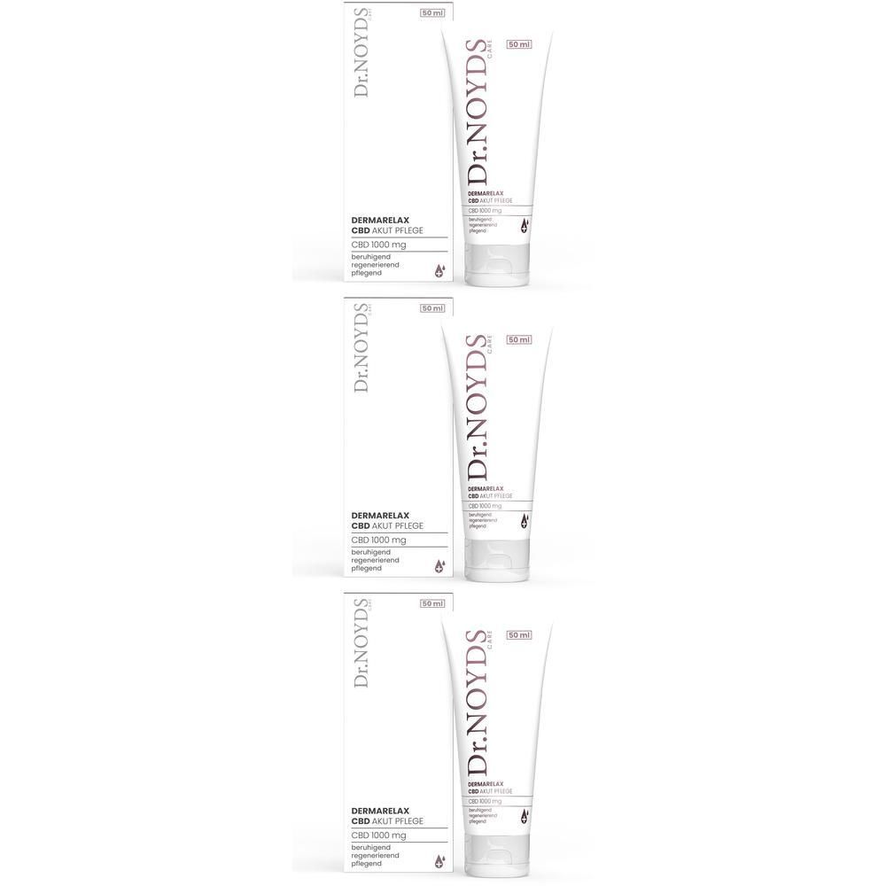 Drei Tuben und Faltschachteln von Dr. NOYDS DERMARELAX CBD AKUT PFLEGE.