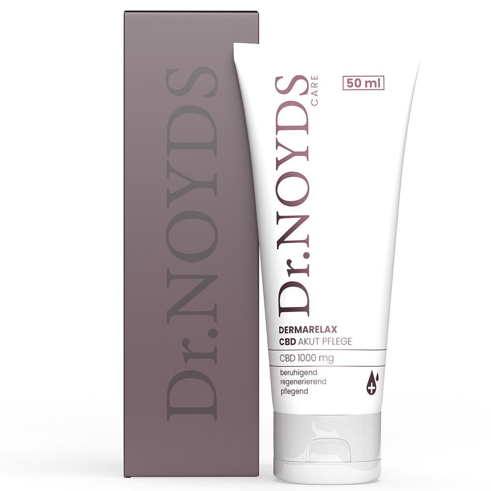 Dr. NOYDS DERMARELAX CBD AKUT PFLEGE Tube (50 ml) neben einer dunkelroten Faltschachtel.