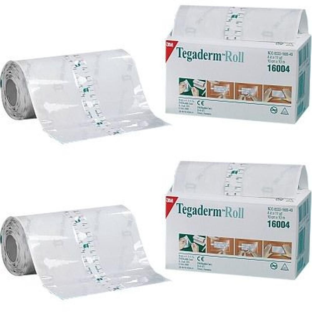 3M Tegaderm Roll Verband, transparent, mit Skala. Zwei Rollen und zwei Verpackungen sichtbar.