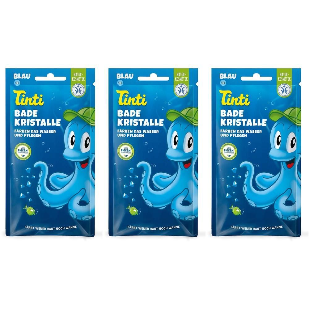 Drei Packungen Tinti Badekristalle blau mit Oktopus-Motiv. Färbt das Wasser und pflegt.