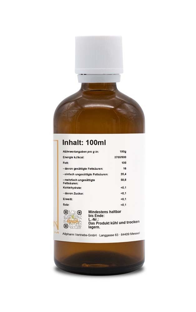 Braune Glasflasche mit weißem Schraubverschluss. Rückseite mit Nährwertangaben und Herstellerinformationen.