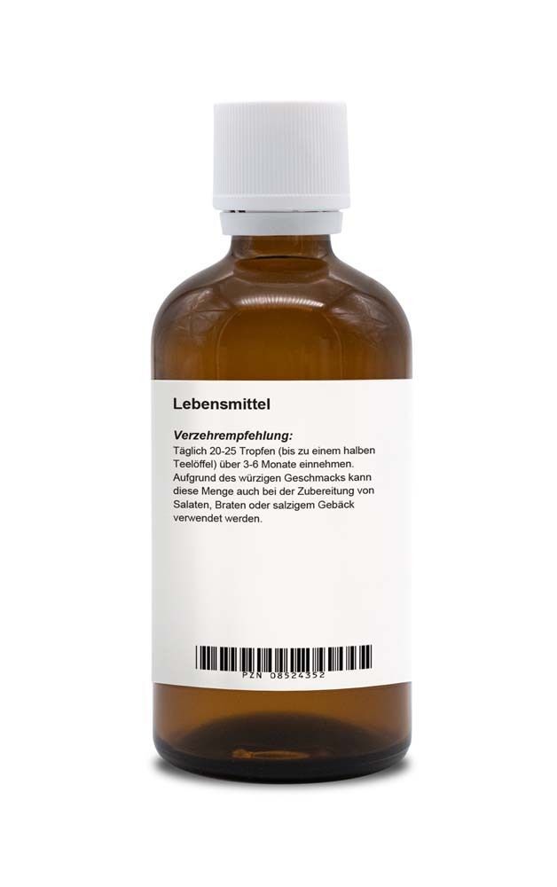 Braune Glasflasche mit weißem Deckel. Etikett mit "Lebensmittel" und Verzehrempfehlung. Barcode unten.