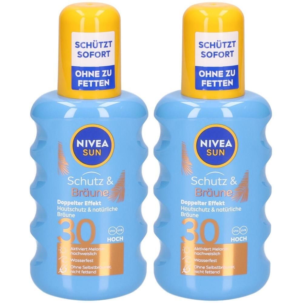 Zwei NIVEA SUN Schutz & Bräune Sonnensprays LSF 30 in hellblauen Flaschen mit gelben Verschlüssen.