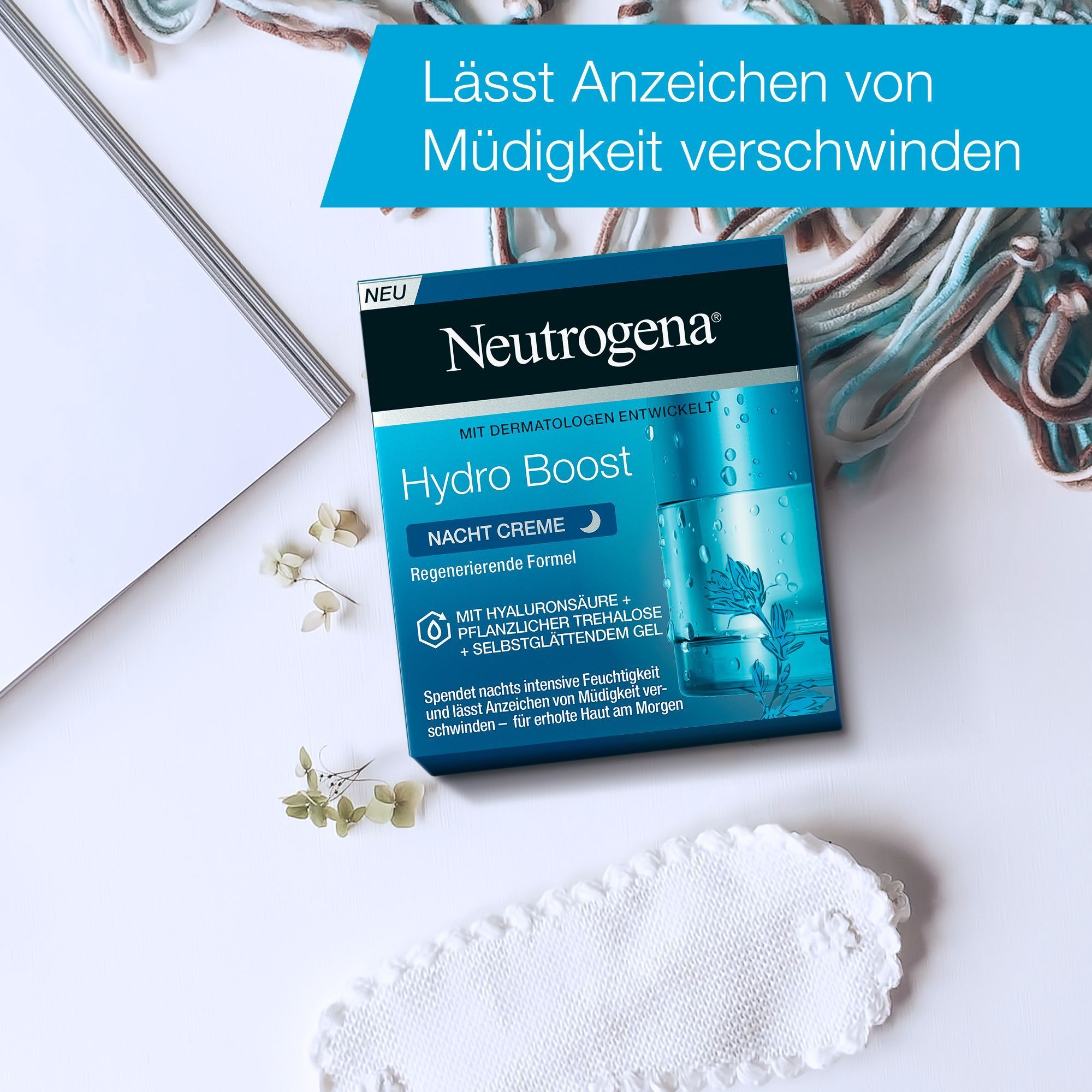 Neutrogena Hydro Boost Nachtcreme-Verpackung mit Text zu Feuchtigkeit und Müdigkeit.