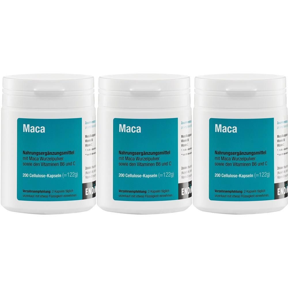 Drei weiße Behälter mit Maca-Kapseln. Jede Dose enthält 200 Cellulose-Kapseln (122g).