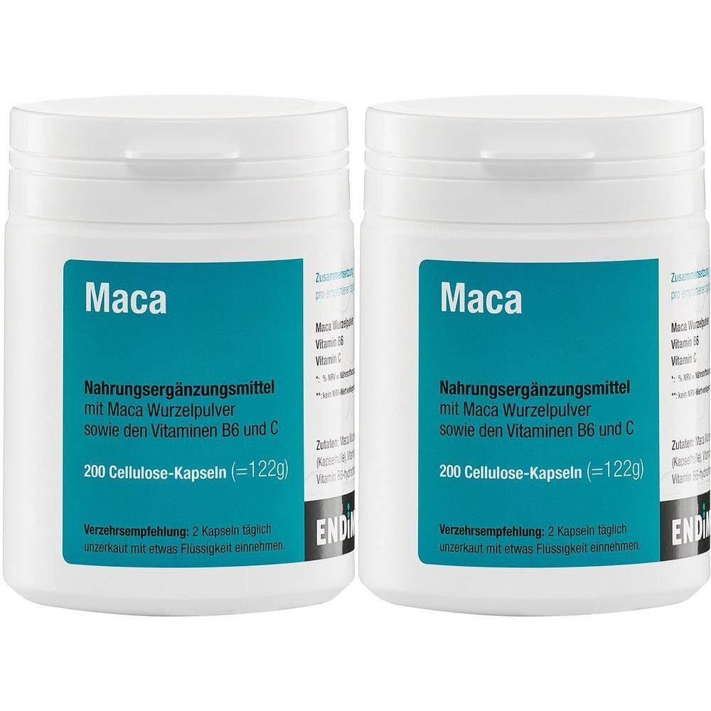 Zwei weiße Behälter mit Maca-Kapseln. Etikett mit 'Maca' und 'Nahrungsergänzungsmittel'.