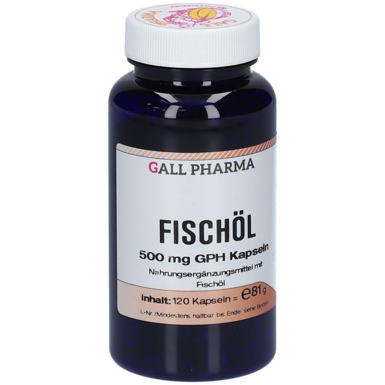 Dunkelblaue Kapsel-Flasche mit weißem Deckel. Enthält 120 Kapseln Fischöl 500 mg GPH.
