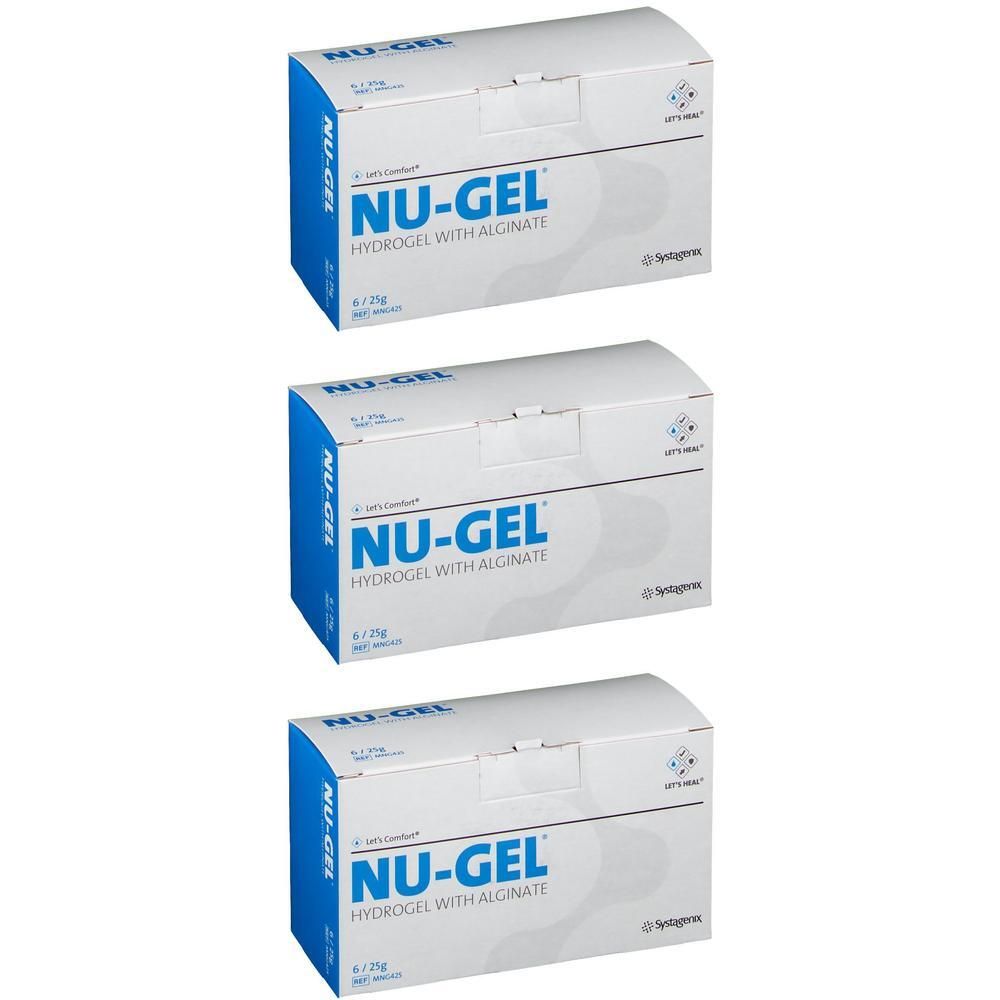 Drei Schachteln NU-GEL Hydrogel mit Alginat, 6 x 25g pro Schachtel.