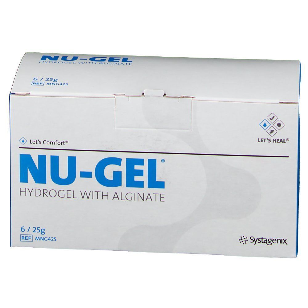 Eine Schachtel NU-GEL Hydrogel mit Alginat, 6 x 25g, mit Markensymbolen und Produktinformationen.