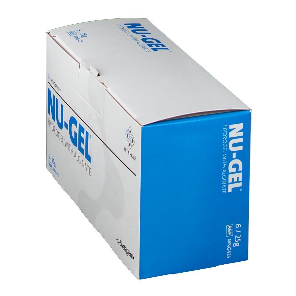 NU-GEL Hydrogel mit Alginat, 6 x 25g Packung, Seitenansicht.
