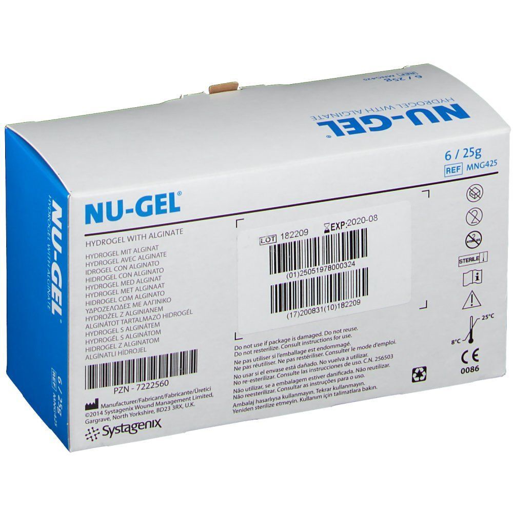 NU-GEL Hydrogel mit Alginat, 6 x 25g Packung, Rückseite mit Details.