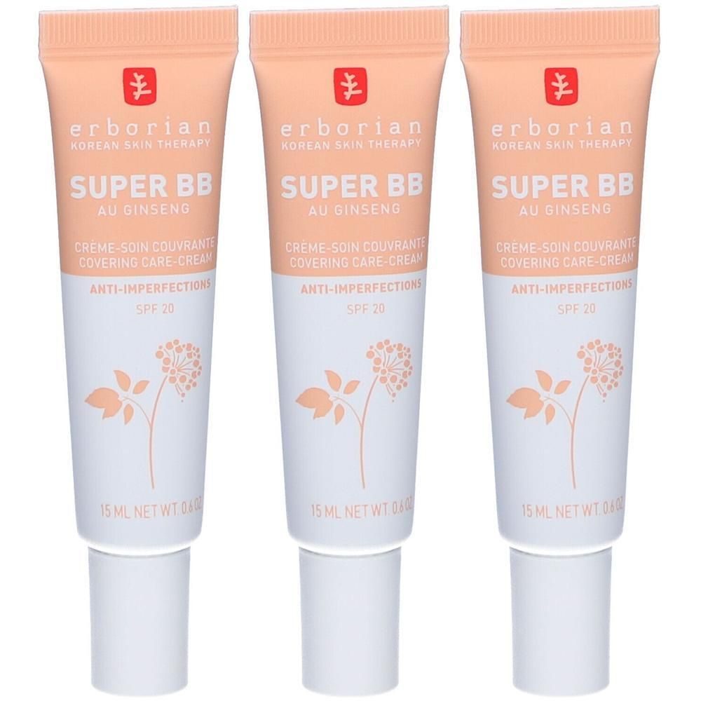 Drei Tuben Erborian Super BB Clair mit Ginseng, Anti-Imperfections, LSF 20.