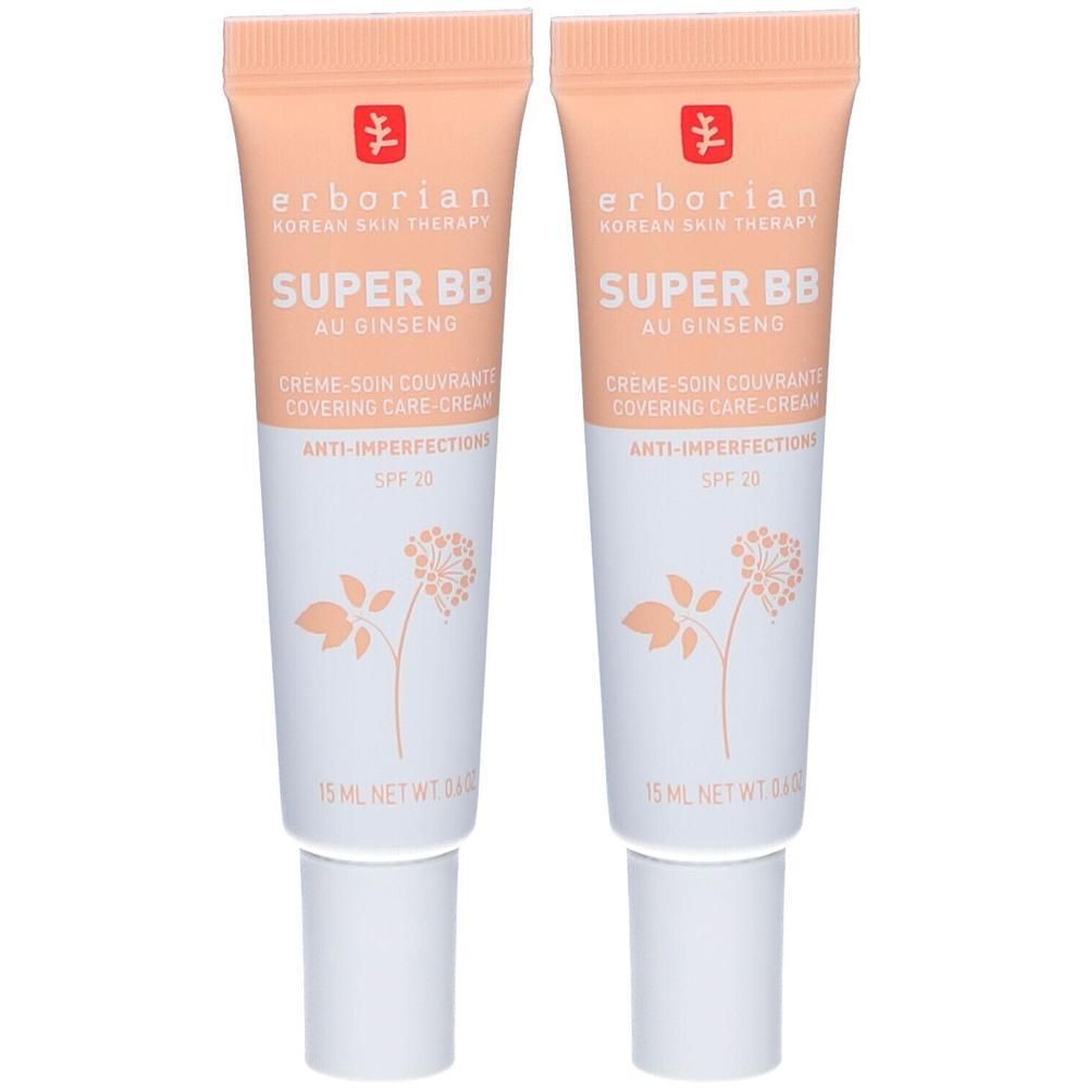 Zwei Tuben Erborian Super BB Clair mit SPF 20. Jede Tube enthält 15ml.