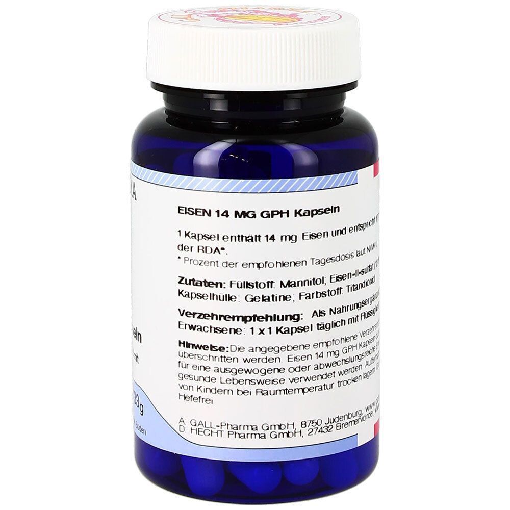 Flasche GALL PHARMA Eisen 14 mg GPH Kapseln. Enthält 14 mg Eisen pro Kapsel.
