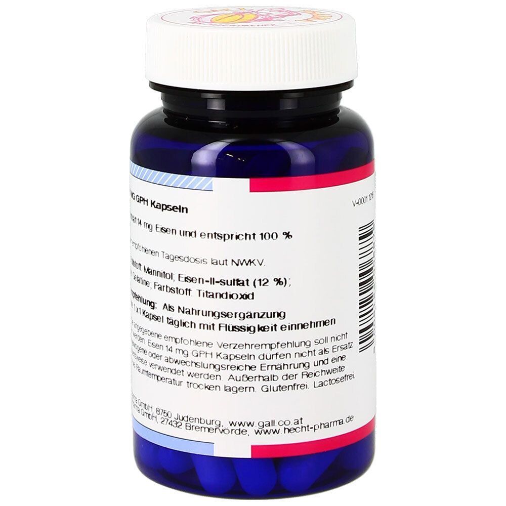 Rückseite einer Flasche GALL PHARMA Eisen 14 mg GPH Kapseln mit Zutatenliste.