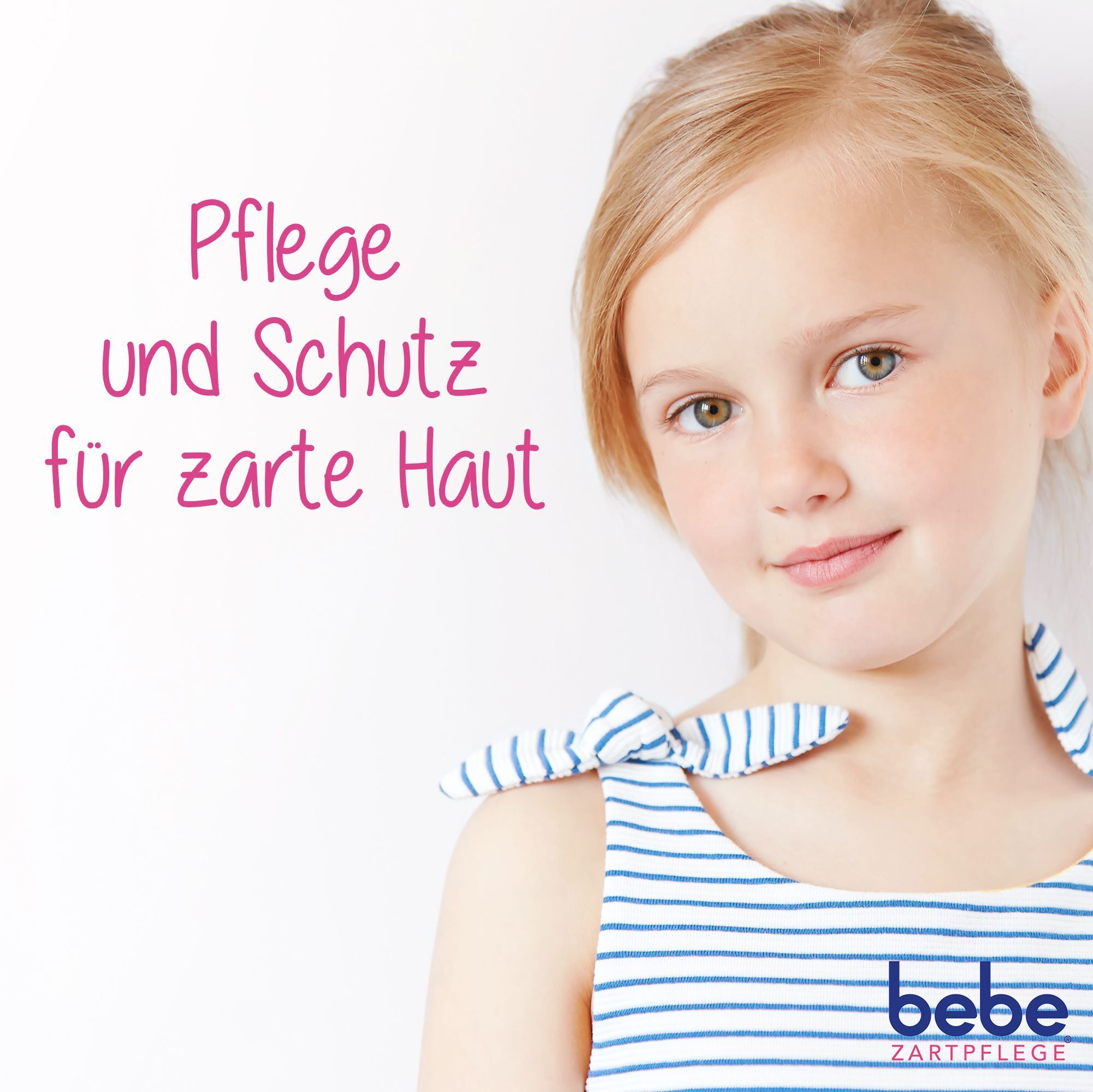 Ein Mädchen lächelt, daneben steht 'Pflege und Schutz für zarte Haut'.